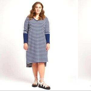 Universal Standard Rhine V Neck Color Block Cuff Dress Blue White Stripe 4 NWT